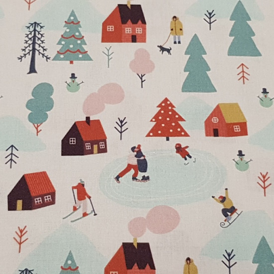 Tela Algodón Navidad Juegos de Nieve - Bonita tela de navidad con dibujos de casitas, árboles de navidad y personas esquiando y jugando con trineos sobre la nieve. La tela mide 150cm de ancho y su composición es 100% algodón.