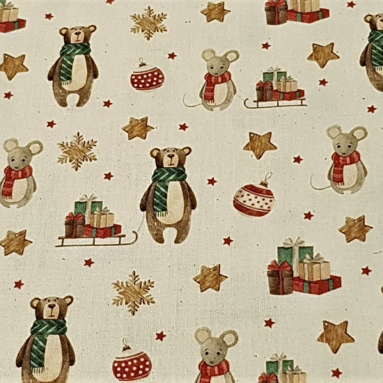 Cotton Christmas Bears Mice fabric - Organic cotton poplin fabric with Christmas drawings of mice and bears with scarves on a natural unbleached cotton background and decorations such as gifts, stars and flakes. The fabric is 150cm wide and its composit