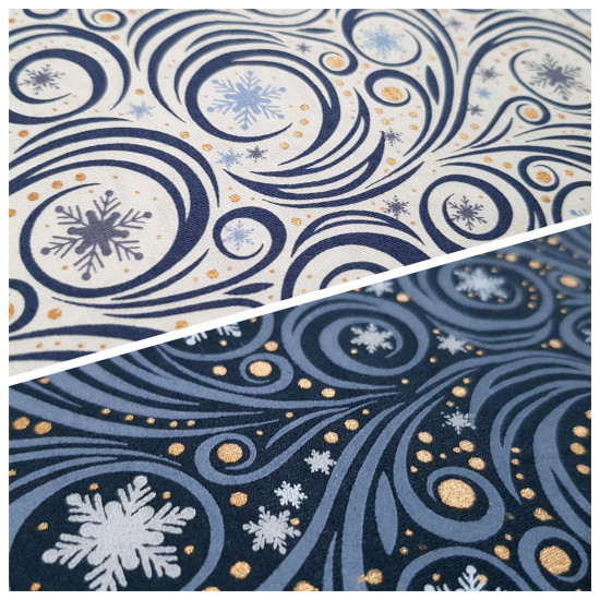 Algodón Navidad Viento Polar - Tela de popelín algodón con dibujos de temática navideña en tonos azules, donde aparecen copos de hielo y trazos sinuosos imitando al viento, con detalles de topitos brillantes sobre varios fo