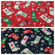 Cotton Christmas Striped Socks fabric - Cotton poplin fabric with drawings of Christmas socks with stripes in red and green colors, on two available backgrounds to choose from. The fabric is 140cm wide and its composition is 100% cotton.