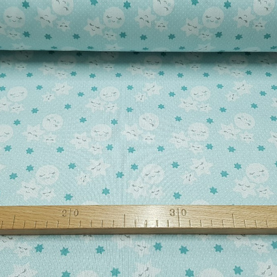 Pique Moons Stars fabric - Beautiful childish pique fabric with drawings of moons, stars and white dots on a mint green background. It is a very appropriate fabric for baby lullabies, changing tables, bibs, bags and many more children's accessorie