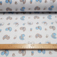 Pique Ducklings Blue Gray fabric - Piqué fabric printed with children's drawings of ducklings and eggs in blue and gray colors on a white background.