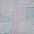 Pique Drawing Patchwork fabric - Pique Canutillo fabric with several drawings (stars, moles, flowers, stripes ...) superimposed, imitating patchwork craft. Available in two colors: Light Blue and Pink The fabric is 160cm wide and its composition 100