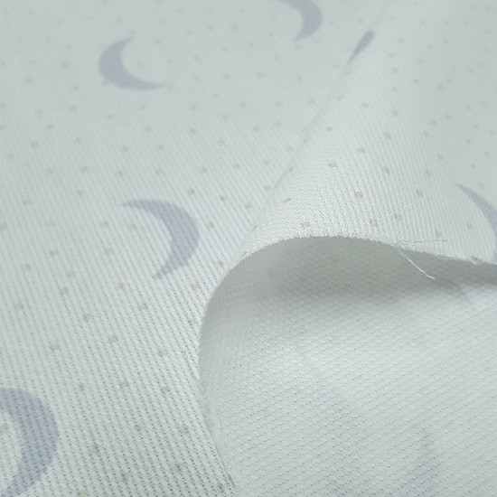 Piqué Half Moon Dots Gray fabric - Children's cotton pique fabric with gray crescent moons with light dots on a white background. The fabric is 150cm wide and its composition is 100% cotton.