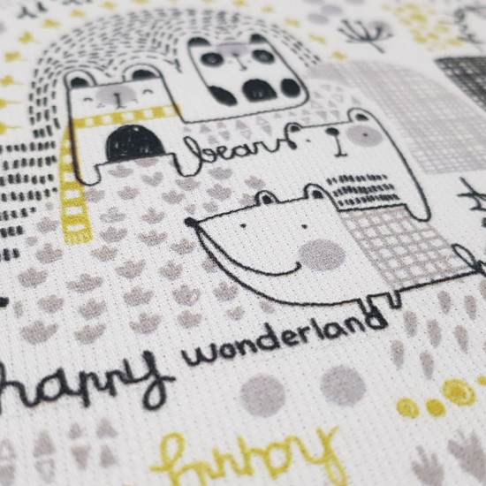 Pique Happy Bears fabric - Cotton pique fabric with children's drawings of happy bears, houses and small plants in black and gray tones. The fabric is 150cm wide and its composition is 100% cotton.