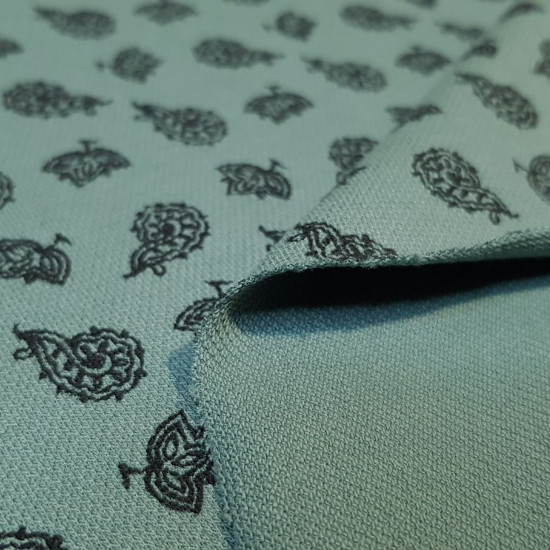 Pique Stretch Knit Cashmere fabric - Cotton piqué fabric with elastane, ideal for making polo shirts, for example, as this fabric is elastic. It has paisley patterns on an aged green background. The fabric is 160cm wide and its composition is 96%