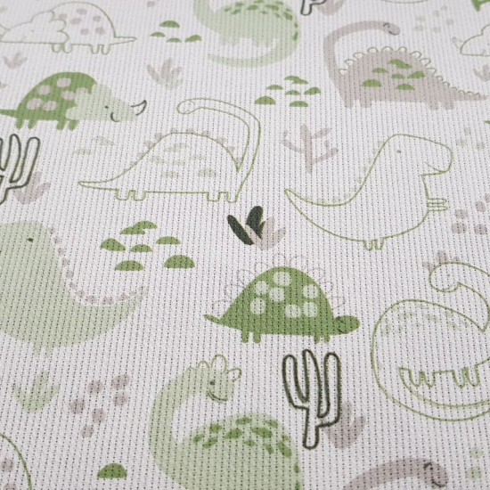 Pique Dinosaurs Cactus Green fabric - Pique canutillo cotton fabric with drawings of dinosaurs and cacti where green colors predominate. The fabric is 150cm wide and its composition is 100% cotton.