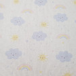 Pique Rainbow Clouds fabric - Pique fabric with children's drawings of clouds, rainbows and suns on a white background. The fabric is 150cm wide and its composition is 100% cotton.
