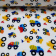 Coral Fleece Construction Trucks fabric - Children's coral fleece fabric with drawings of colorful trailer trucks, tractors and concrete mixers on a white background. Coral fabric is very soft to the touch and is widely used in children's clothing. T