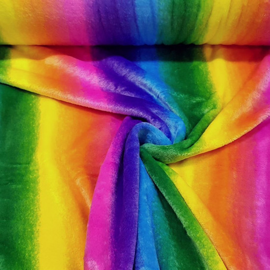 Coral Fleece Rainbow fabric - Coral fleece fabric with rainbow pattern. The stripes follow the length of the fabric. The fabric is 150cm wide and its composition is 100% polyester.