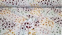 Tela Polar Coralina Puntitos - Tela de polar coralina con dibujos de puntitos de varios colores y tamaños sobre un fondo blanco. La tela mide 150cm de ancho y su composición 100% poliester.