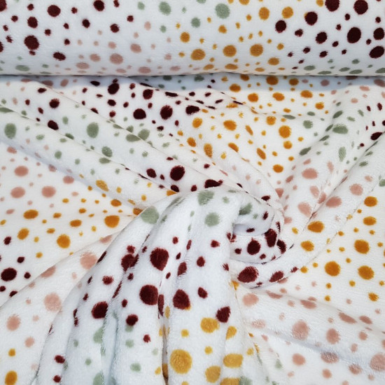 Tela Polar Coralina Puntitos - Tela de polar coralina con dibujos de puntitos de varios colores y tamaños sobre un fondo blanco. La tela mide 150cm de ancho y su composición 100% poliester.