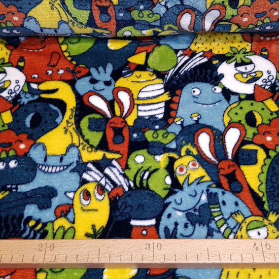 Coral Fleece Martians Monsters fabric - Very soft and warm coral fleece fabric with a children's theme with drawings of Martians and monsters with many eyes and bright colors. A very fun and soft fabric for your coral fleece creations. The fabric is 150cm