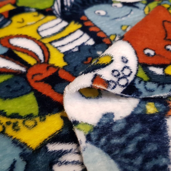 Coral Fleece Martians Monsters fabric - Very soft and warm coral fleece fabric with a children's theme with drawings of Martians and monsters with many eyes and bright colors. A very fun and soft fabric for your coral fleece creations. The fabric is 150cm