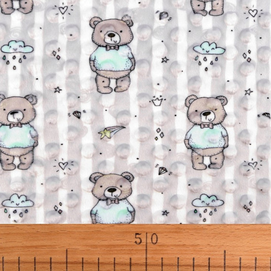 Minky Fleece Dots Bears Clouds fabric - Fleece fabric with printed 3D dots, also called Minky fabric. It is a very soft and loving fabric, with embossed dots on the front and a digitally printed drawing of bears, clouds, stars... Minky fabric is widely us