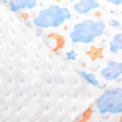 Minky Fleece Buttons Stars Moons fabric - Fleece fabric with embossed buttons, also called Minky fabric. This fabric is very soft and loving to the touch, with embossed buttons on the front and a digitally printed drawing of clouds, stars and moons on a w