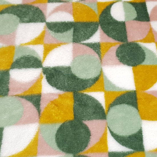 Coral Fleece Geometric Shapes fabric - Coral fleece fabric very soft to the touch with geometric patterns of squares and circles in shades of mustard, green and pink. The fabric is 150cm wide and its composition is 100% polyester.