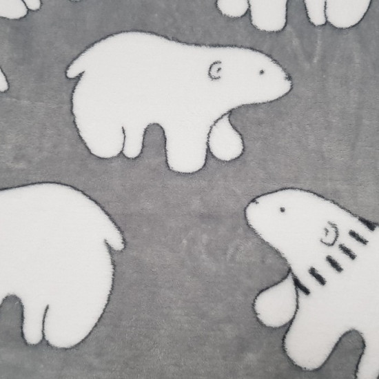 Coral Fleece Polar Bears fabric - Children's coral fleece fabric with drawings of white polar bears on a gray background. The fabric is ideal for blankets, gowns and other children's clothing. The fabric is 150cm wide and its composition 100% polyest