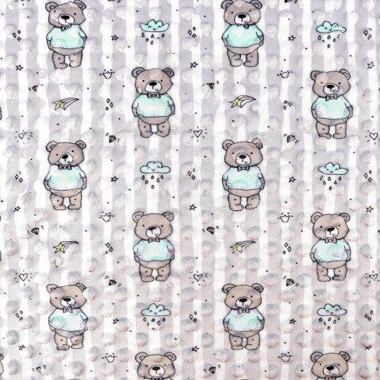 Minky Fleece Dots Bears Clouds fabric - Fleece fabric with printed 3D dots, also called Minky fabric. It is a very soft and loving fabric, with embossed dots on the front and a digitally printed drawing of bears, clouds, stars... Minky fabric is widely us