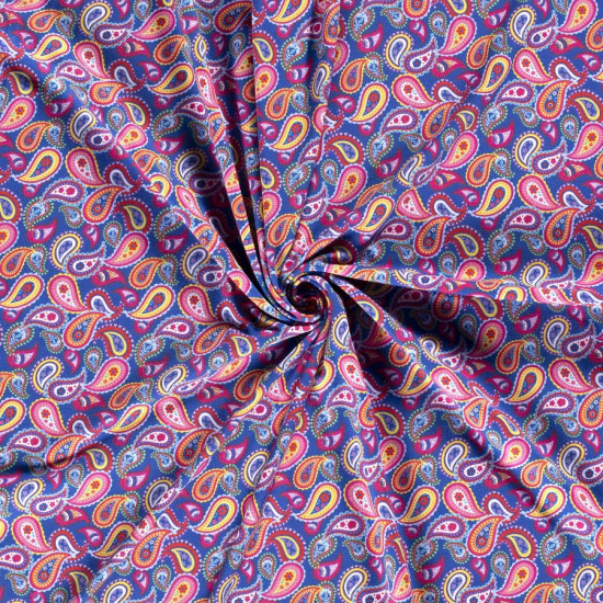 Jersey Cobalt Cashmere fabric - Cotton jersey fabric with cashmere-style drawings on a cobalt blue background. The fabric is 150cm wide and its composition is 95% cotton - 5% elastane.