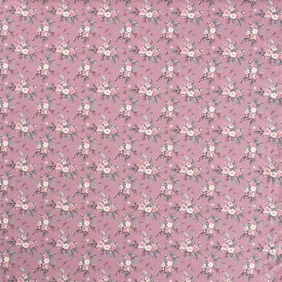 Jersey Bouquets Old Pink fabric - Jersey fabric with drawings of bouquets of roses on an old pink background. The fabric is 150cm wide and its composition is 95% cotton - 5% elastane.