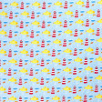 Tela Punto Camiseta Submarinos Faros - Tela de punto algodón tipo camiseta estampación digital con dibujos de submarinos amarillos, faros, anclas y peces sobre un fondo de color azul claro. La tela mide 150cm de ancho y su composición 95% algodón - 5% ela