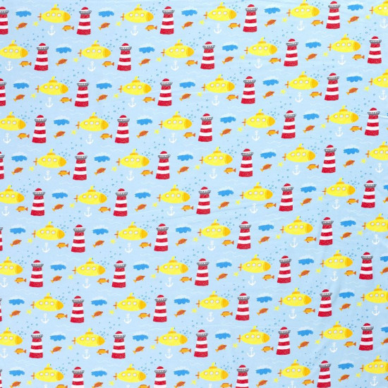 Tela Punto Camiseta Submarinos Faros - Tela de punto algodón tipo camiseta estampación digital con dibujos de submarinos amarillos, faros, anclas y peces sobre un fondo de color azul claro. La tela mide 150cm de ancho y su composición 95% algodón - 5% ela