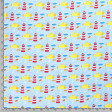 Cotton Jersey Submarines Lighthouses fabric - Cotton jersey fabric digital printing with drawings of yellow submarines, lighthouses, anchors and fish on a light blue background. The fabric is 150cm wide and its composition is 95% cotton - 5% elastane.