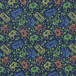 Jersey Videogames Controllers fabric - Jersey fabric with drawings of game console controllers on a navy blue background with pixels in contrasting green color. The fabric is 150cm wide and its composition is 95% cotton - 5% elastane.