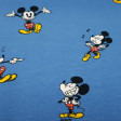 Cotton Jersey Disney Mickey Blue fabric - Children's themed cotton knit fabric, in which Disney's Mickey Mouse character appears doing various funny poses on a blue background. The fabric is 150cm wide and its composition 95% cotton - 5% elastane