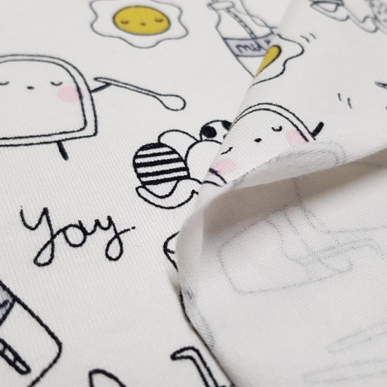 Cotton Jersey Funny Breakfast White fabric - Cotton Jersey fabric with funny drawings of fried and toasted eggs with faces, bottles of milk, cutlery, eggs... on a white background. The fabric measures 150cm wide and its composition 95% cotton - 5% elastan