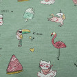 Cotton Jersey Jolly Holidays Green Melange fabric - Very funny cotton jersey fabric with cheerful drawings of puppies, kittens, flamingos, toucans, ice cream, cameras and unicorns on a melange green background. The fabric measures 150cm wide and its compo