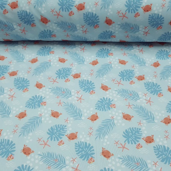 Knit Lycra Swimsuit Crabs fabric - Lycra knit fabric with elasticity ideal for bathing suits and beach dresses with drawings of crabs, starfish, bubbles and plants... on a light background. The fabric is 145cm wide and its composition is 85% polyamide