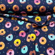 Digital Jersey Donuts Navy Blue fabric - Digital print cotton jersey fabric with colorful donut drawings on a navy blue background and colorful noodles. The fabric is 150cm wide and its composition is 94% cotton - 6% elastane.