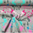Tela Punto Sudadera Caras Minnie - Tela de punto tipo sudadera licencia Disney con dibujos de caras de Minnie en varios colores sobre un fondo gris melange. La tela mide 160cm de ancho y su composición 95% algodón - 5% elastano