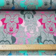 Jersey Sweat Minnie Faces fabric - Disney licensed jersey sweat fabric with drawings of Minnie's faces in various colors on a melange gray background. The fabric is 160cm wide and its composition 95% cotton - 5% elastane