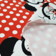 Tela Punto Algodón Minnie Gafas - Tela de punto algodón tipo camiseta licencia Disney con dibujos de Minnie con gafas de varios colores sobre un fondo rojo con lunares blancos. La tela mide 150cm de ancho y su composición 95% algod&oacu