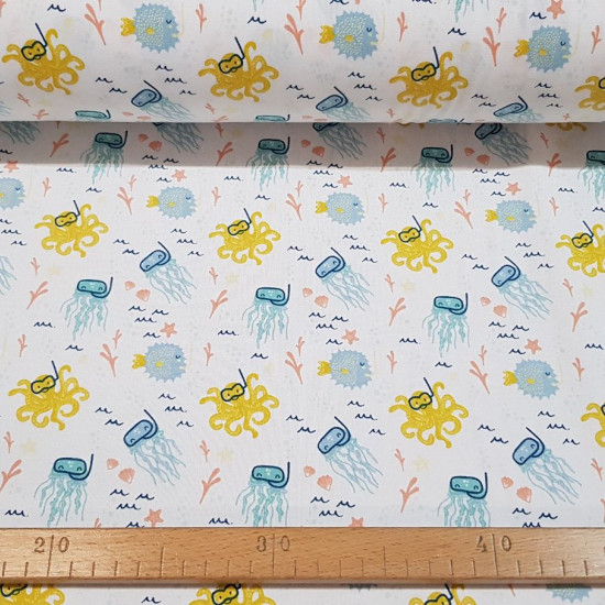 Organic Cotton Jersey Octopus Diving Glasses fabric - Organic cotton jersey fabric with drawings of octopuses and jellyfish with diving goggles on a white background with elements of the sea. The fabric is 150cm wide and its composition is 95% cotton - 5%