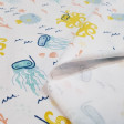 Tela Punto Algodón Orgánico Pulpos Gafas Buceo - Tela de punto algodón orgánico tipo camiseta con dibujos de pulpos y medusas con gafas de buceo sobre un fondo blanco con elementos del mar. La tela mide 150cm de ancho y su composición 95% algodón - 5% ela