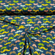 Digital Cotton Jersey Mustaches Colors fabric - Stretch cotton knit fabric in digital drawing of colored mustaches on a blue background. The fabric is 150cm wide and its composition 94% cotton - 6% elastane.