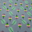 Jersey Leaves Flowers fabric - Cotton jersey fabric with drawings of flowers and leaves on a gray background. The fabric is 150cm wide and its composition is 95% cotton - 5% elastane. T-shirt knit fabrics are widely used in the manufacture of
