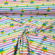 Cotton Jersey Stars Rainbow Stripes fabric - Cotton jersey with drawings digital of stars and stripes in the colors of rainbows on a white background. The fabric is 150cm wide and its composition is 95% cotton - 5% elastane.