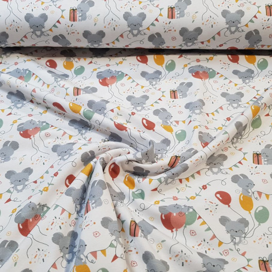 Cotton Jersey Mice Balloons Bitty fabric - Organic cotton jersey fabric with birthday-themed children's drawings, little mice with balloons and decorations of confetti, candies and flowers on a white background. The fabric is 150cm wide and its compositi