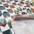 Tela Punto Camiseta Triángulos Bitty - Tela de punto algodón orgánico tipo camiseta con dibujos de formas de triángulos de colores sobre un fondo blanco. La tela de punto es bastante elástica y se usa sobretodo en confecciones infantiles. La parte traser