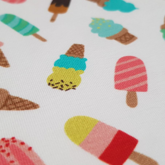 Cotton Jersey Sweet Summer fabric - Cotton jersey fabric with colorful drawings of ice creams on a white background. The fabric is 150cm wide and its composition is 94% Cotton – 6% Elastane
