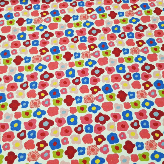 Punto Camiseta Flores Mauri - Tela de punto algodón camiseta con dibujos de flores coloridas de forma abstracta sobre un fondo blanco. La tela mide 150cm de ancho y su composición 95% algodón - 5% elastano