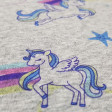 Sweatshirt Alpenfleece Unicorns fabric - Winter sweatshirt fabric with dark gray fur on one side and on the other side drawings of unicorns, rainbows, colored drops... on a gray melange background. The fabric is 150cm wide and its composition is 56% polye
