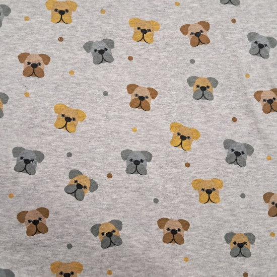 Jogging Alpenfleece Dogs fabric - Alpenfleece jogging fabric, also known as a winter sweatshirt, features children's designs of dog faces on a gray melange background. One side features a very short, soft white pile. The fabric is 150 cm wide and is