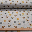 Jogging Alpenfleece Dogs fabric - Alpenfleece jogging fabric, also known as a winter sweatshirt, features children's designs of dog faces on a gray melange background. One side features a very short, soft white pile. The fabric is 150 cm wide and is