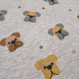 Jogging Alpenfleece Dogs fabric - Alpenfleece jogging fabric, also known as a winter sweatshirt, features children's designs of dog faces on a gray melange background. One side features a very short, soft white pile. The fabric is 150 cm wide and is
